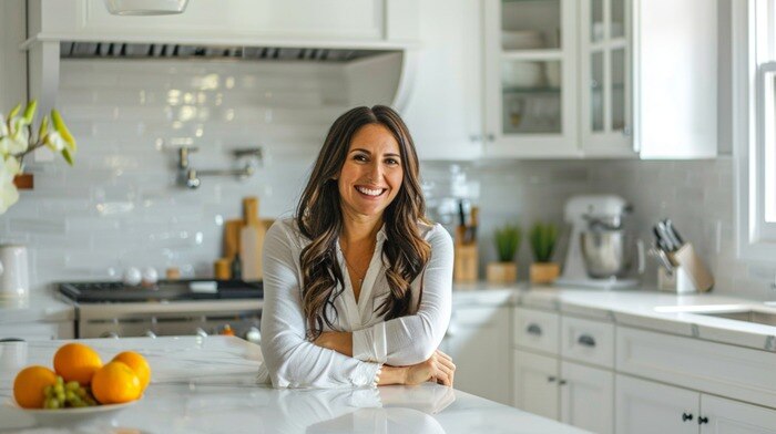 Happy homeowner in newly remodeled kitchen