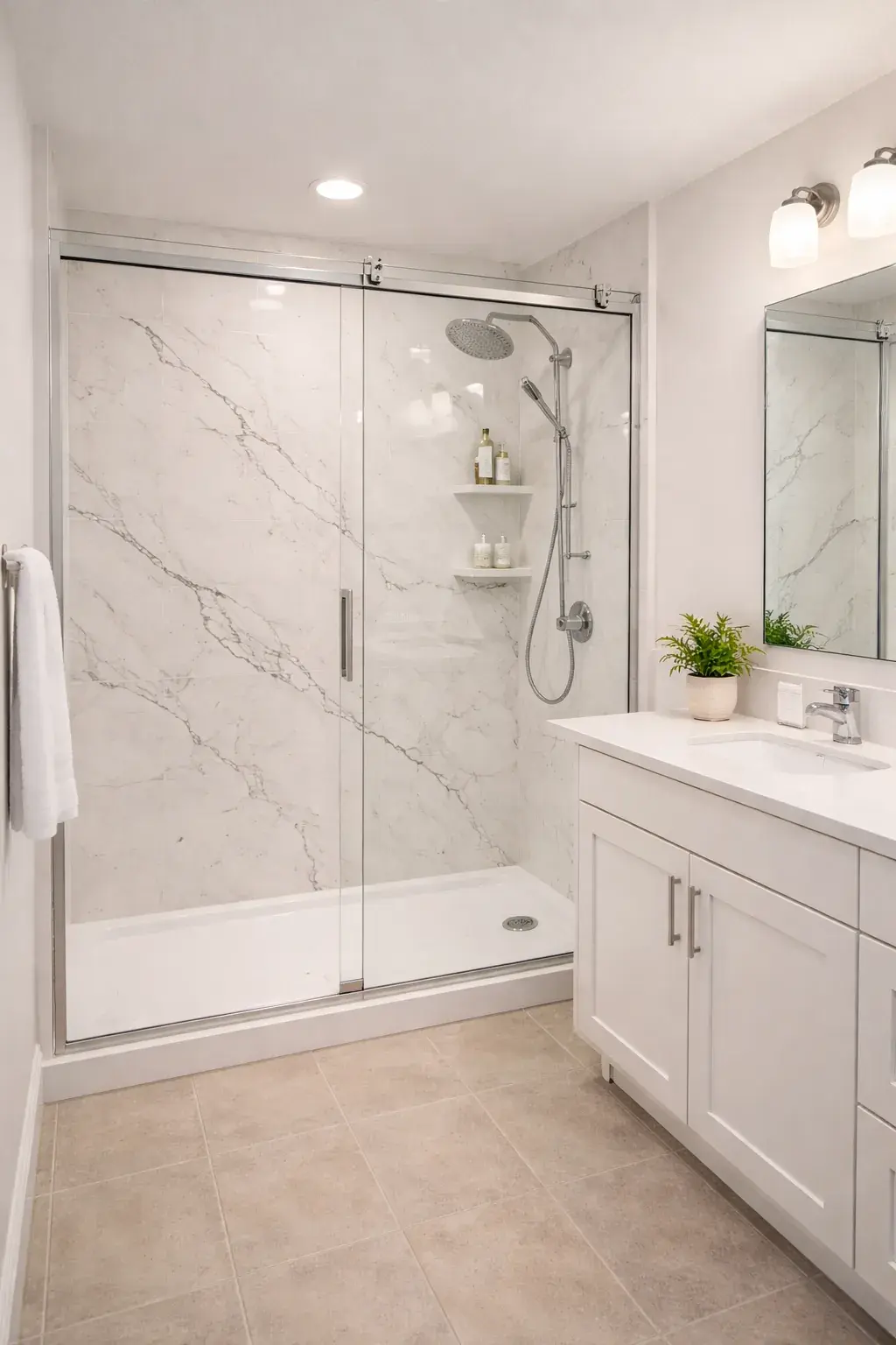 1-after - Marble walk-in shower with white vanity