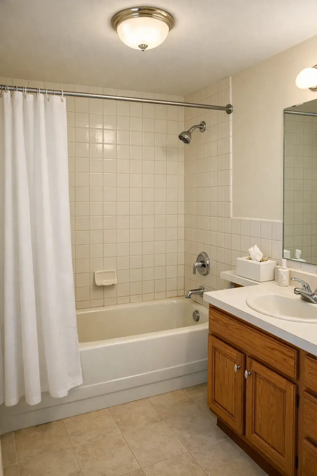 Before - White tile tub with oak vanity