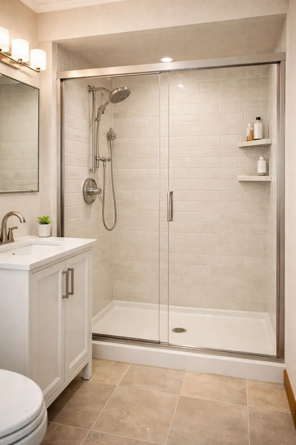 2-after - Neutral subway tile shower with white vanity