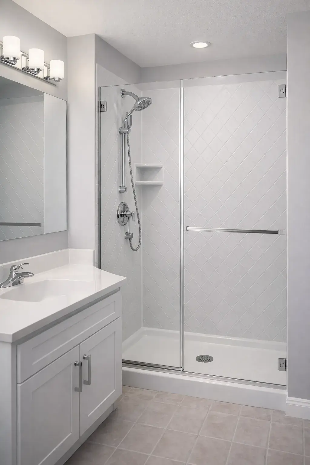 3-after - White gray shower with modern fixtures