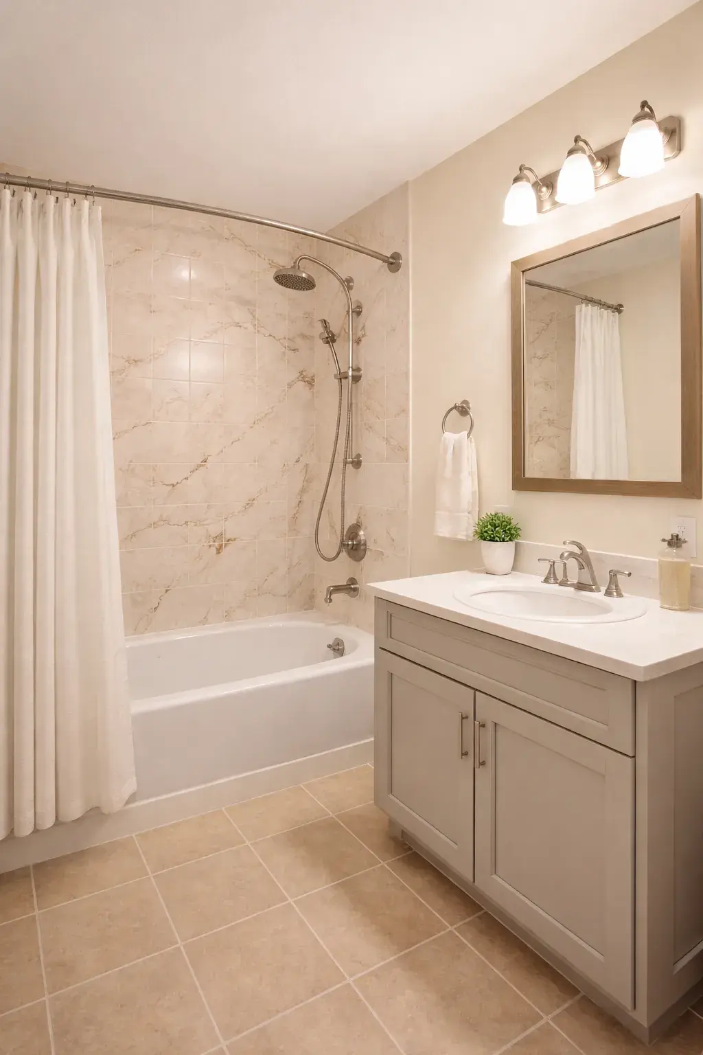 4-after - Marble-look tub surround with gray vanity