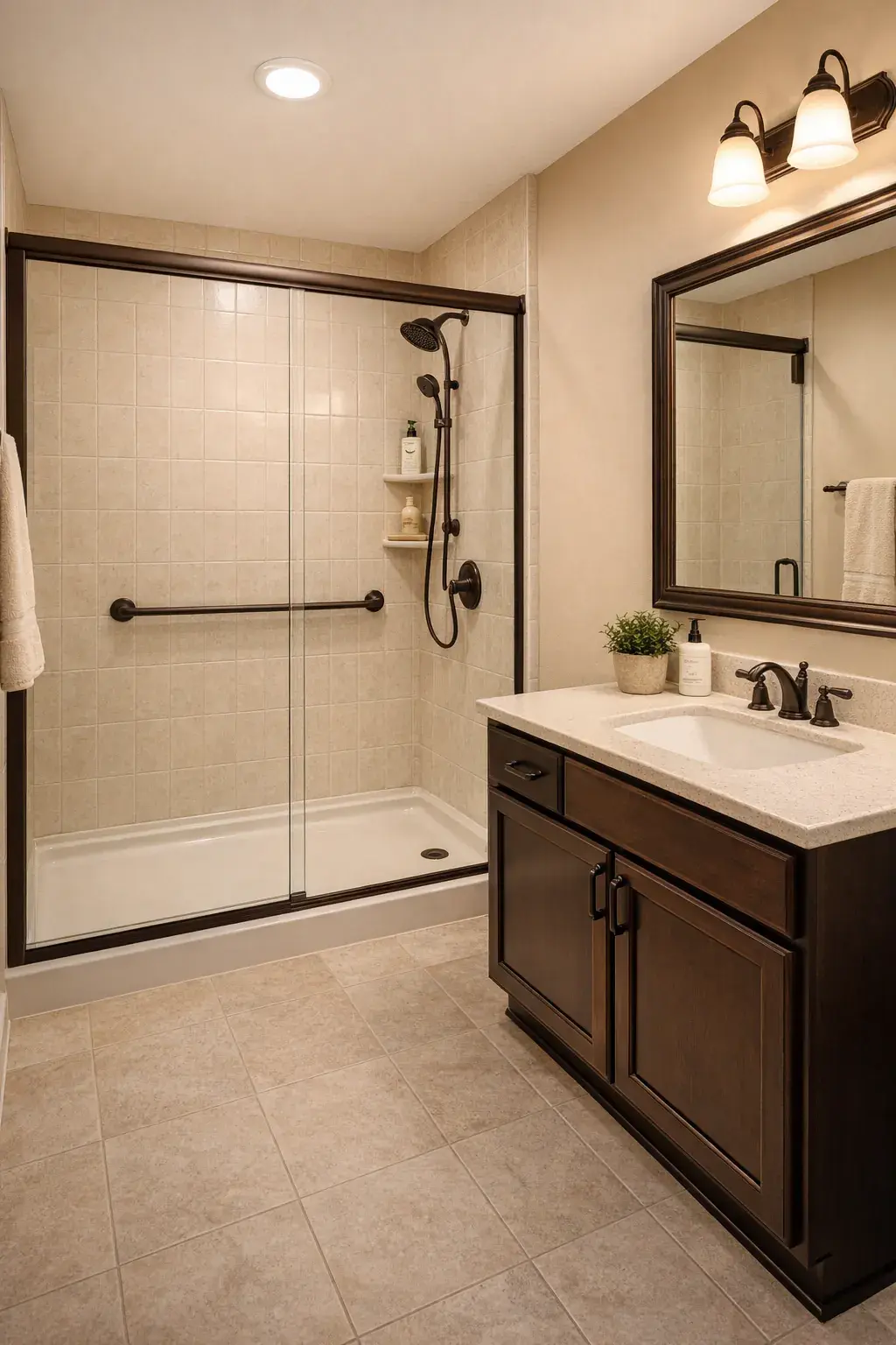6-after - Glass door shower with dark bronze vanity