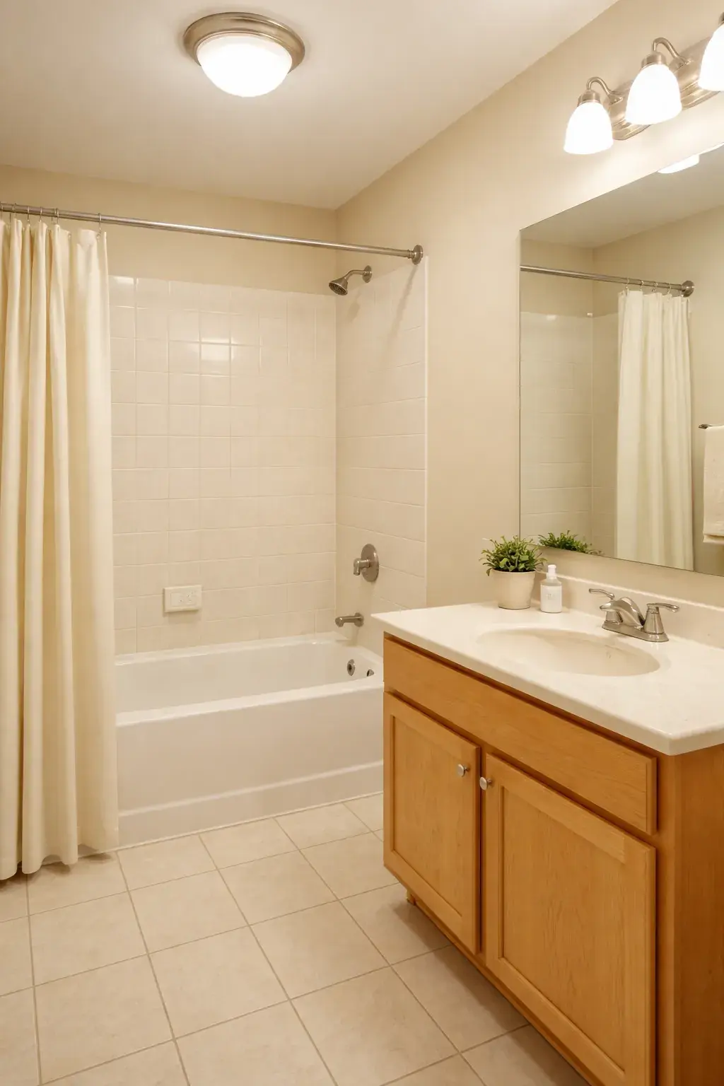 Before - Tub shower with oak vanity and flush mount light